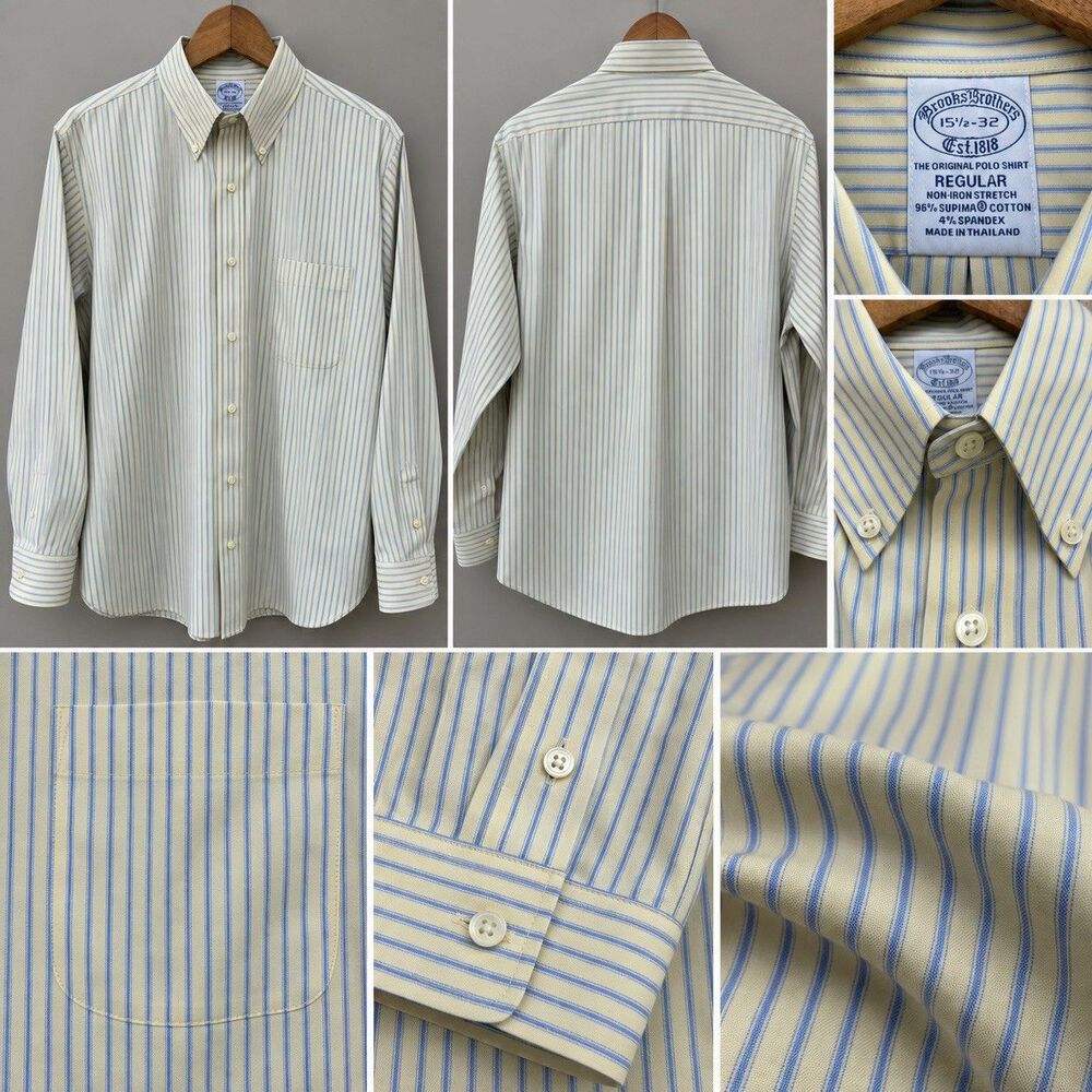 Brooks Brothers Regent Dress Shirt 15.5 32 Pale Yellow Blue Stripe Supima Cotton